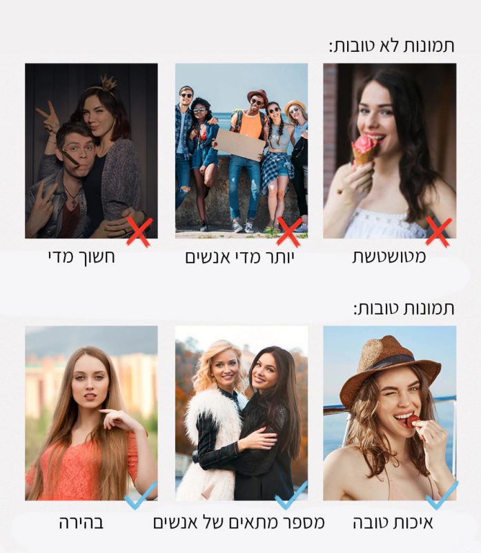 תמונות לא טובות: מטושטשת, יותר מדי אנשים, חשוכה מדי. תמונות טובות: איכות טובה, מספר מתאים של אנשים, בהירה